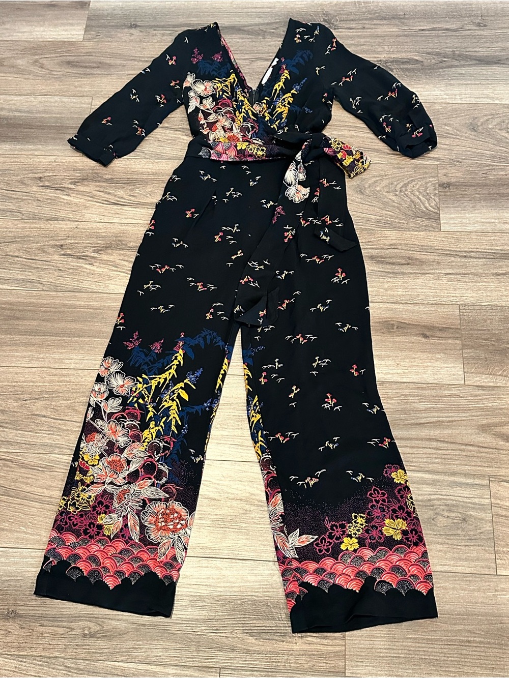 Anthropologie Feather Bone Nara Wide Leg Black Floral Wrap Jumpsuit - Picture 5 of 14